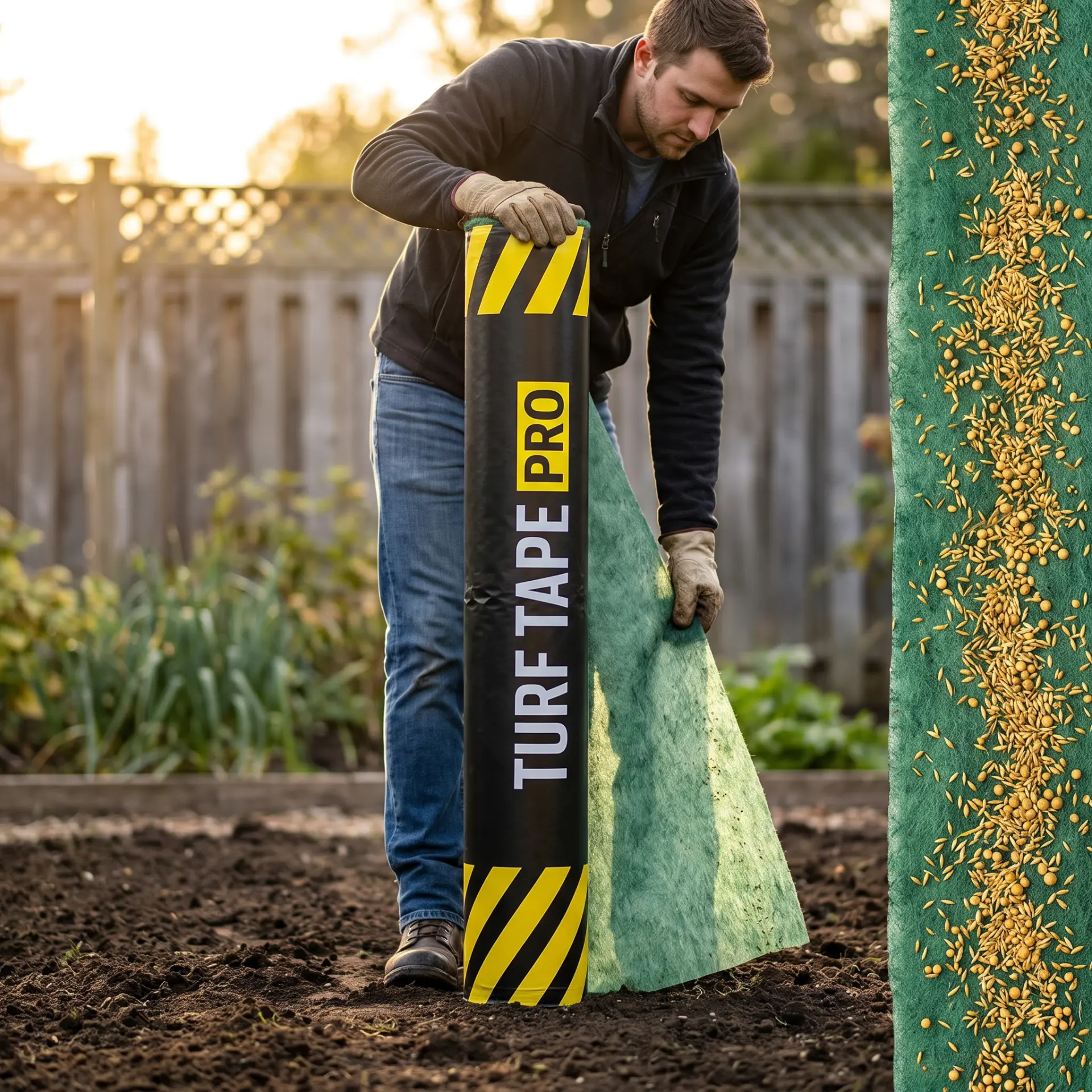 Turf Tape roll being unrolled by hand across prepared soil
