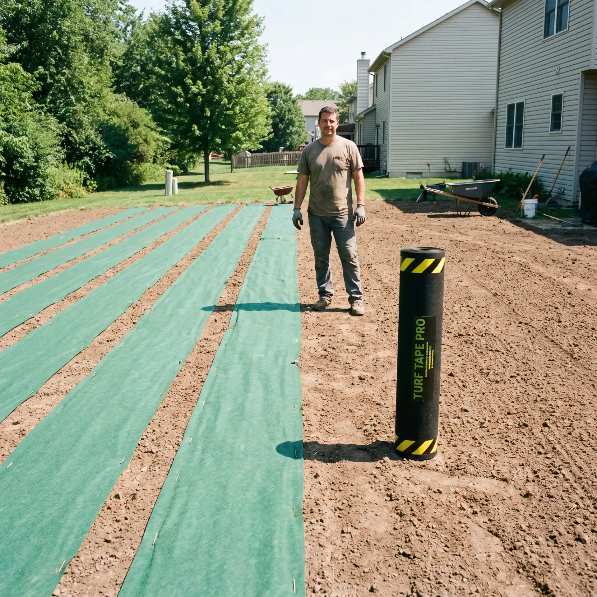 Turf Tape strips rolled out in even rows across a freshly graded backyard