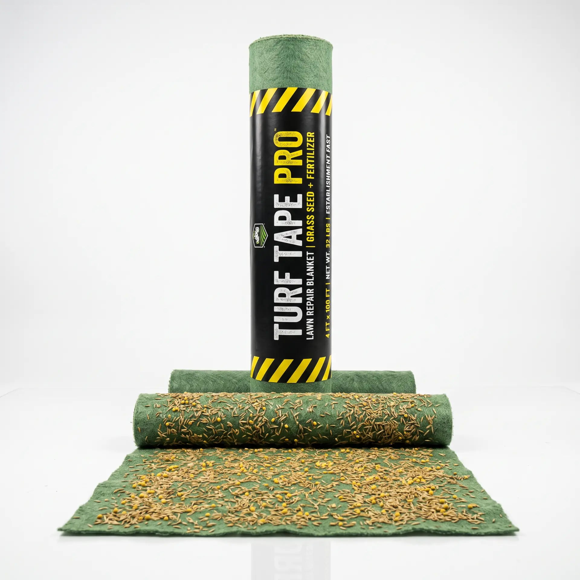 Turf Tape PRO roll standing with the seeded blanket unrolled in front