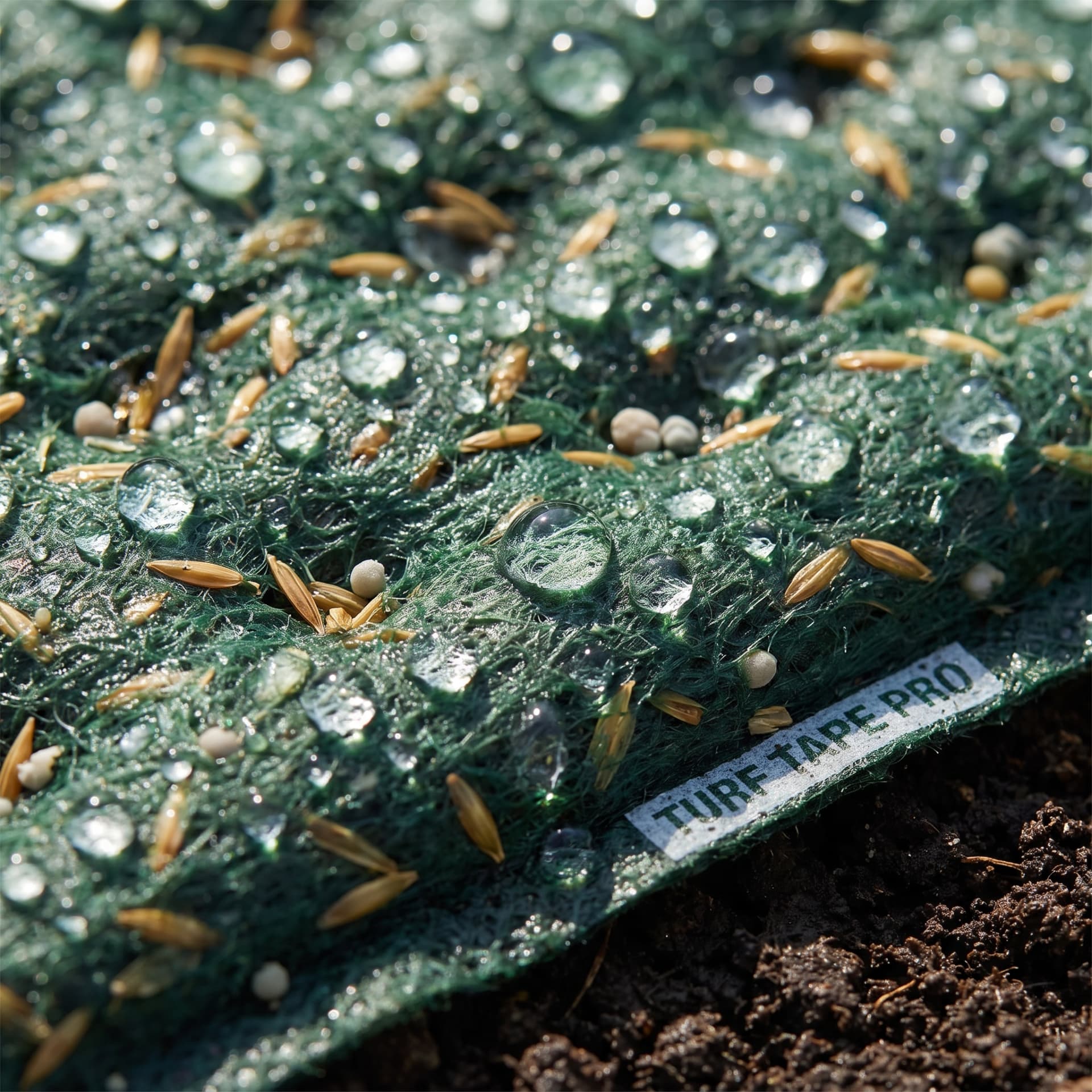 Macro view of grass seed and fertilizer pellets set into the Turf Tape carrier fabric