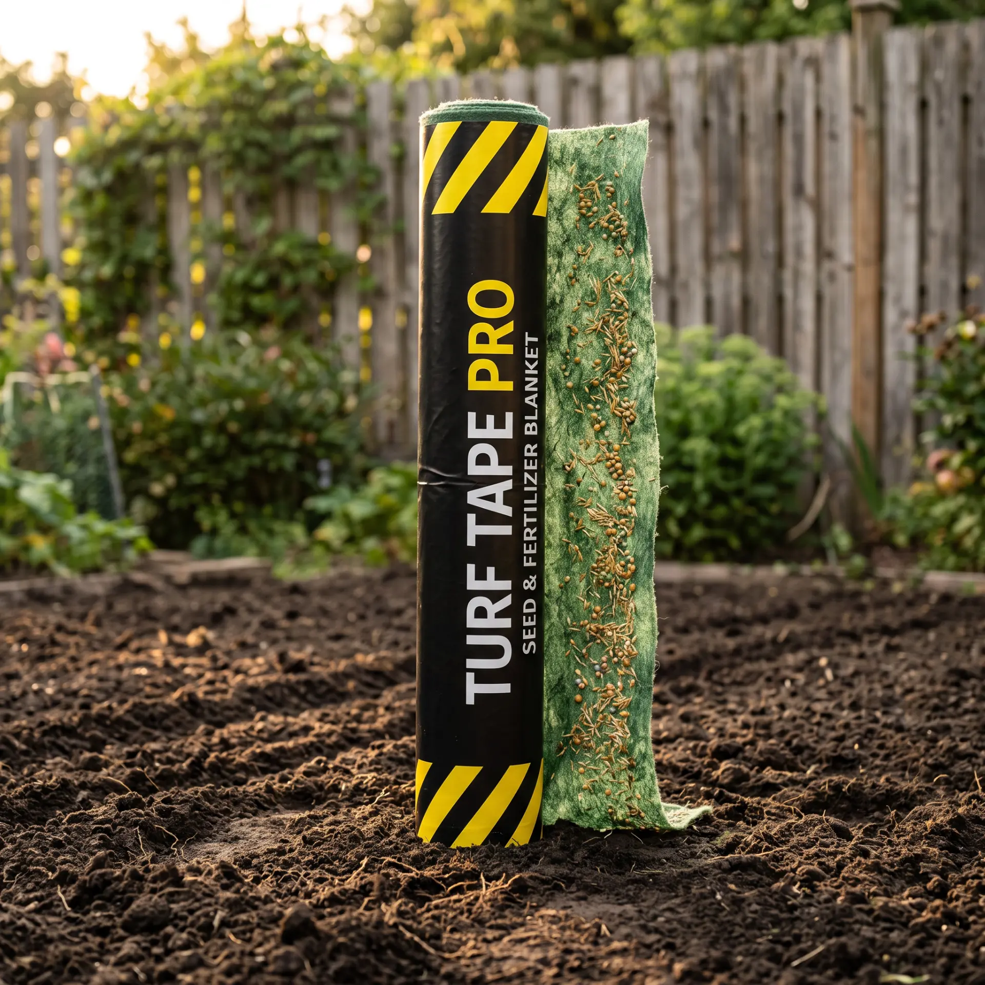 Turf Tape PATCH roll standing on soil with the fabric unfurled