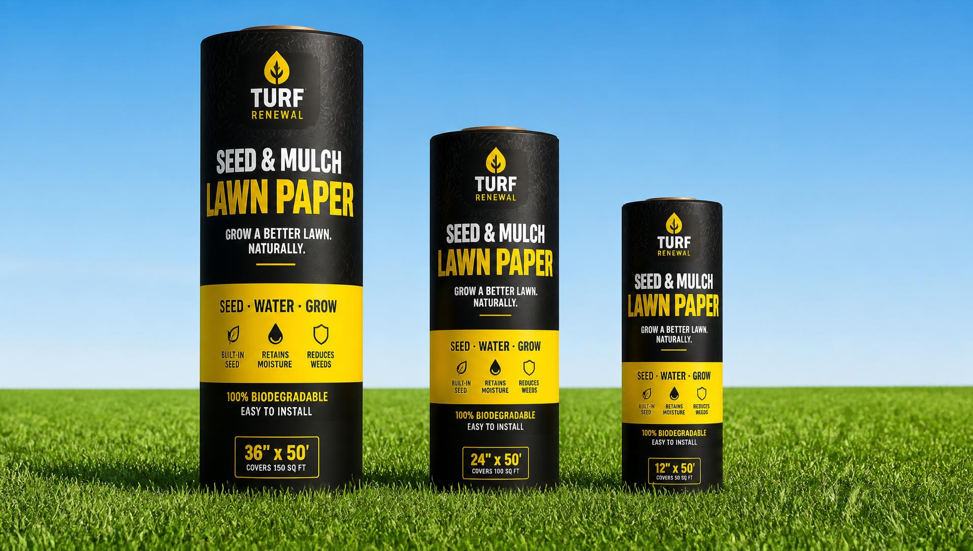 Turf Tape PRO, YARD and PATCH rolls standing on fresh green grass