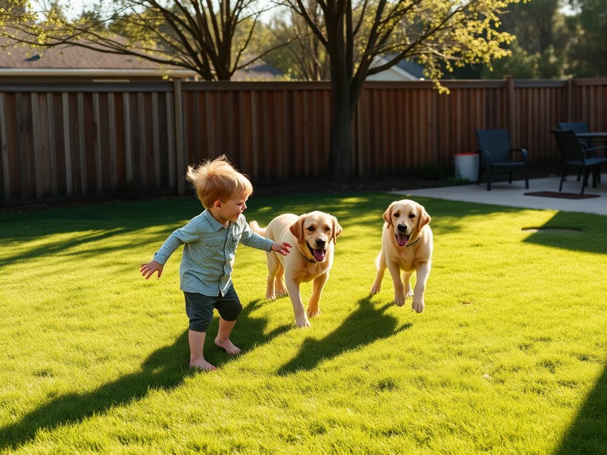 Kids and a dog playing on a thick green lawn