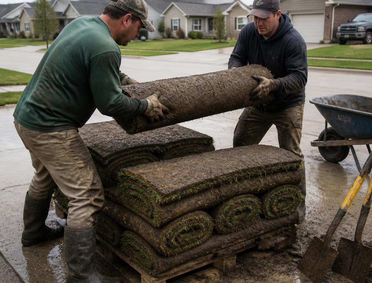 Two workers straining to lift a heavy, dripping sod roll off a muddy pallet