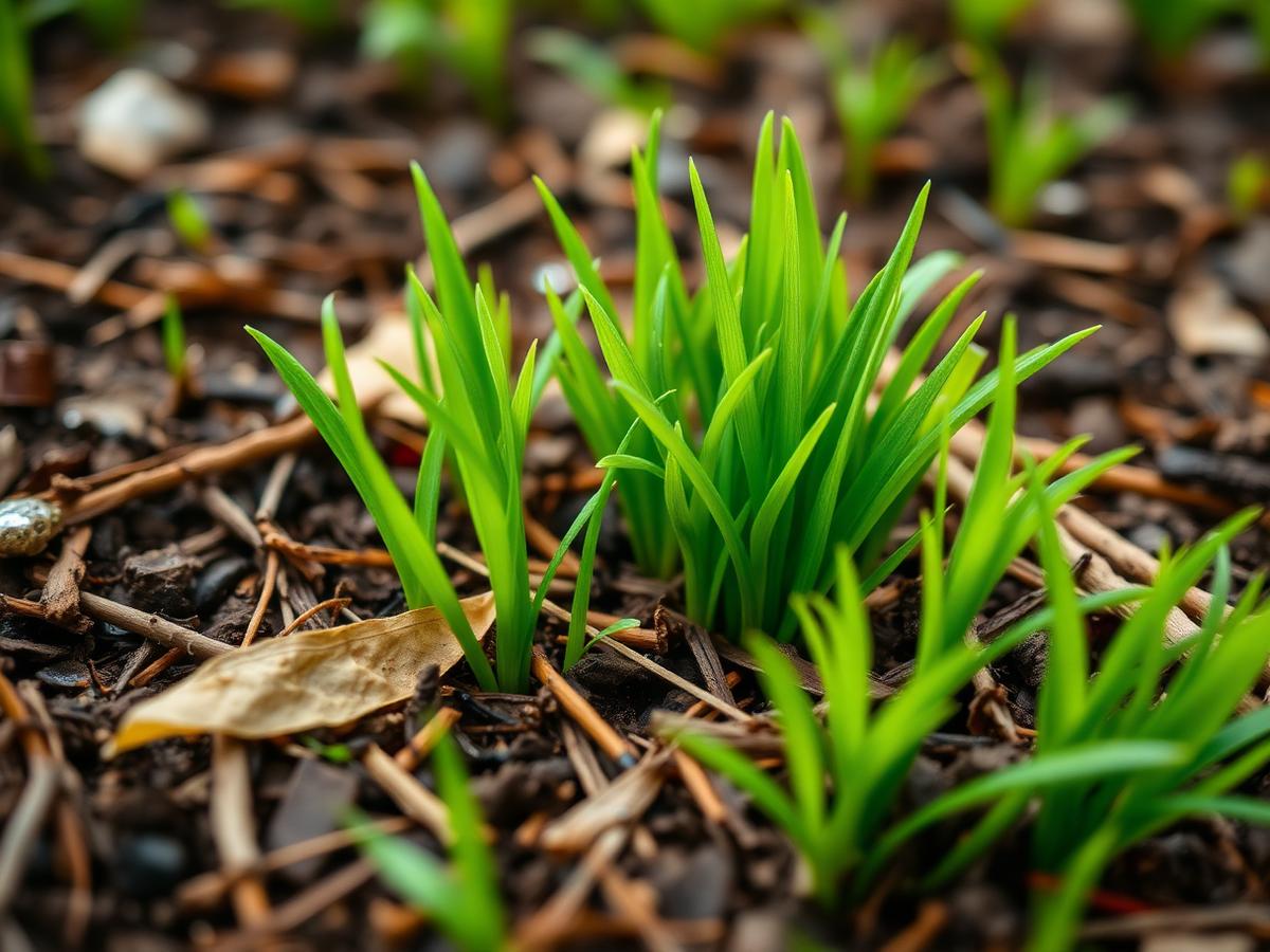 New grass seedlings sprouting through the mulch layer