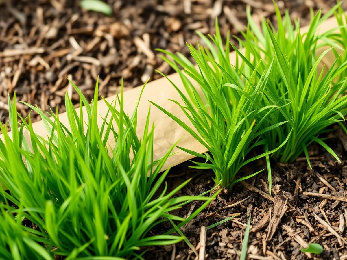 Grass filling in over the mulch at two weeks